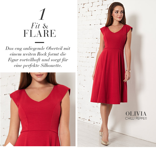 Fit & Flare - Fitted bodice with a full skirt. Perfect for balancing the silhouette and adding shape.
