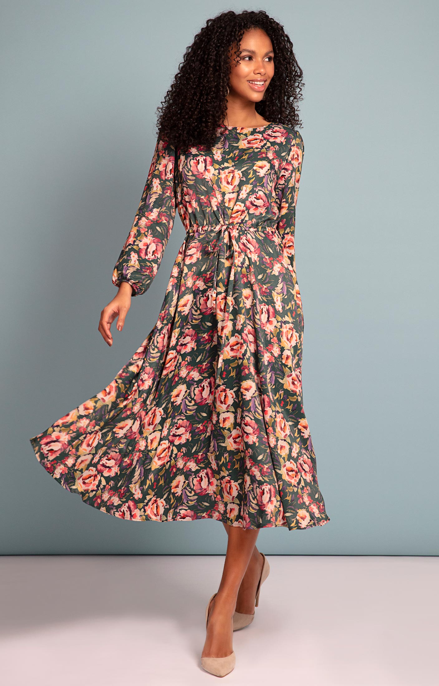 Green Long Sleeve Midi Shirt Dress | Miss Floral | SilkFred US