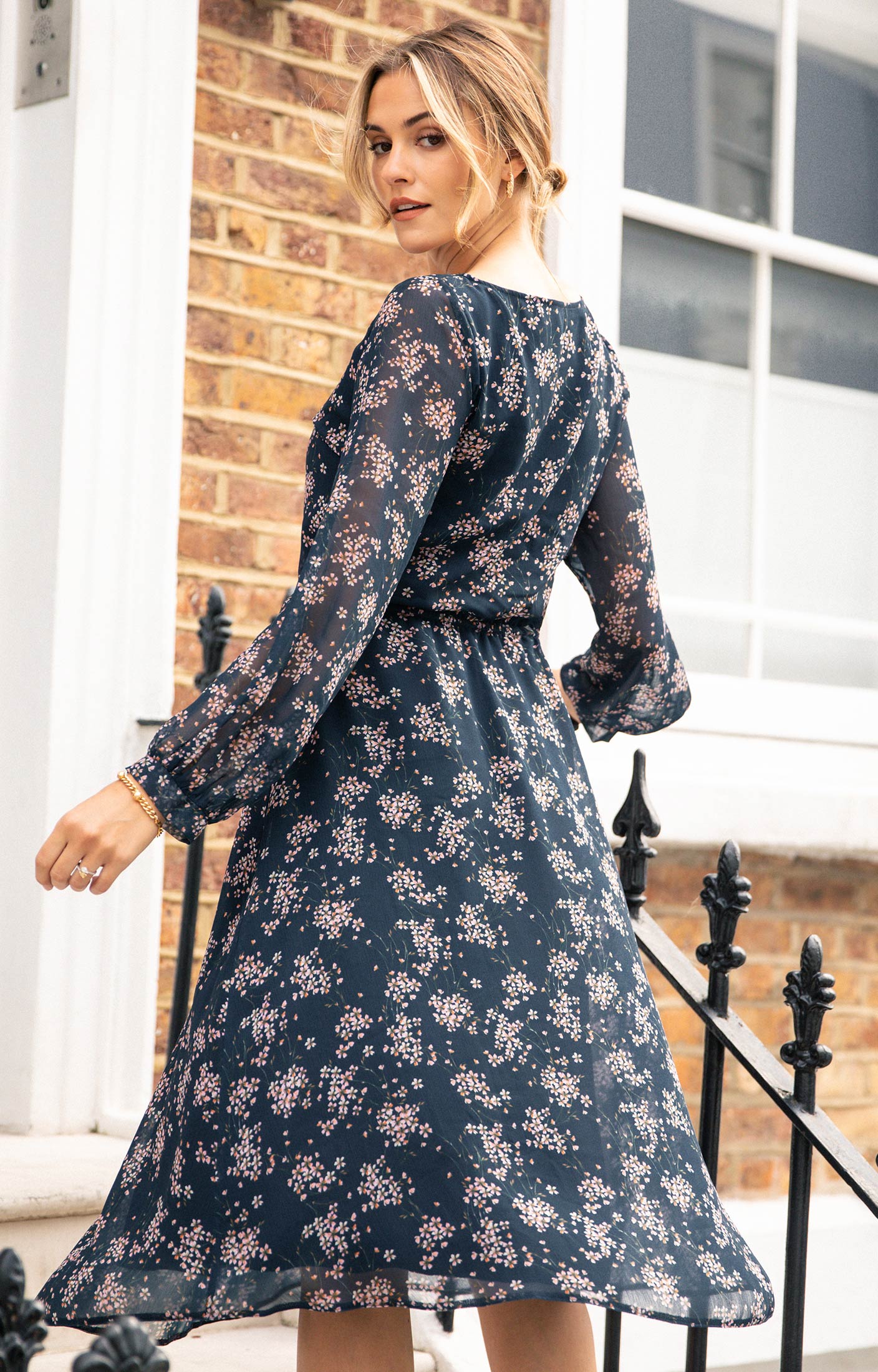 Marissa Chiffon Dress in Ditsy Navy Floral Print