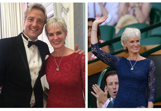 Judy Murray wearing the Katherine Lace Dress in Scarlet
