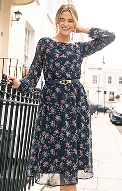 Marissa Chiffon Dress in Ditsy Navy Floral Print